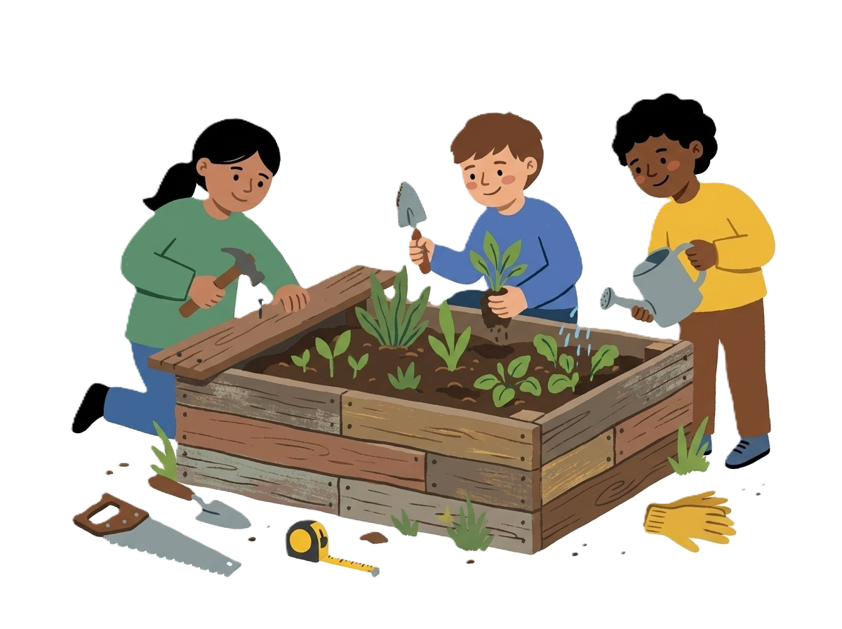 Kinder beim Bau eines Hochbeets im TU Transformer in Wien