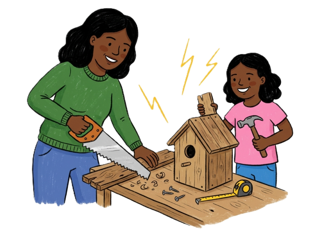 Mutter und Kind beim Bau eines Vogelhauses_Nana Banana von Google