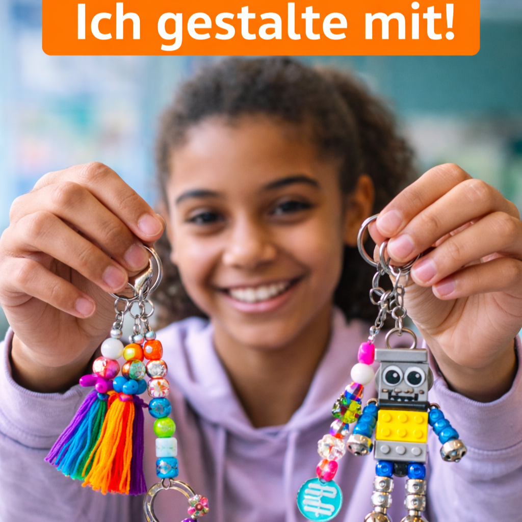 ChatGPT Bild eines Mädchens mit Upcycling-Bagcharms - - TU Wien Transformer - Outreachprojekt