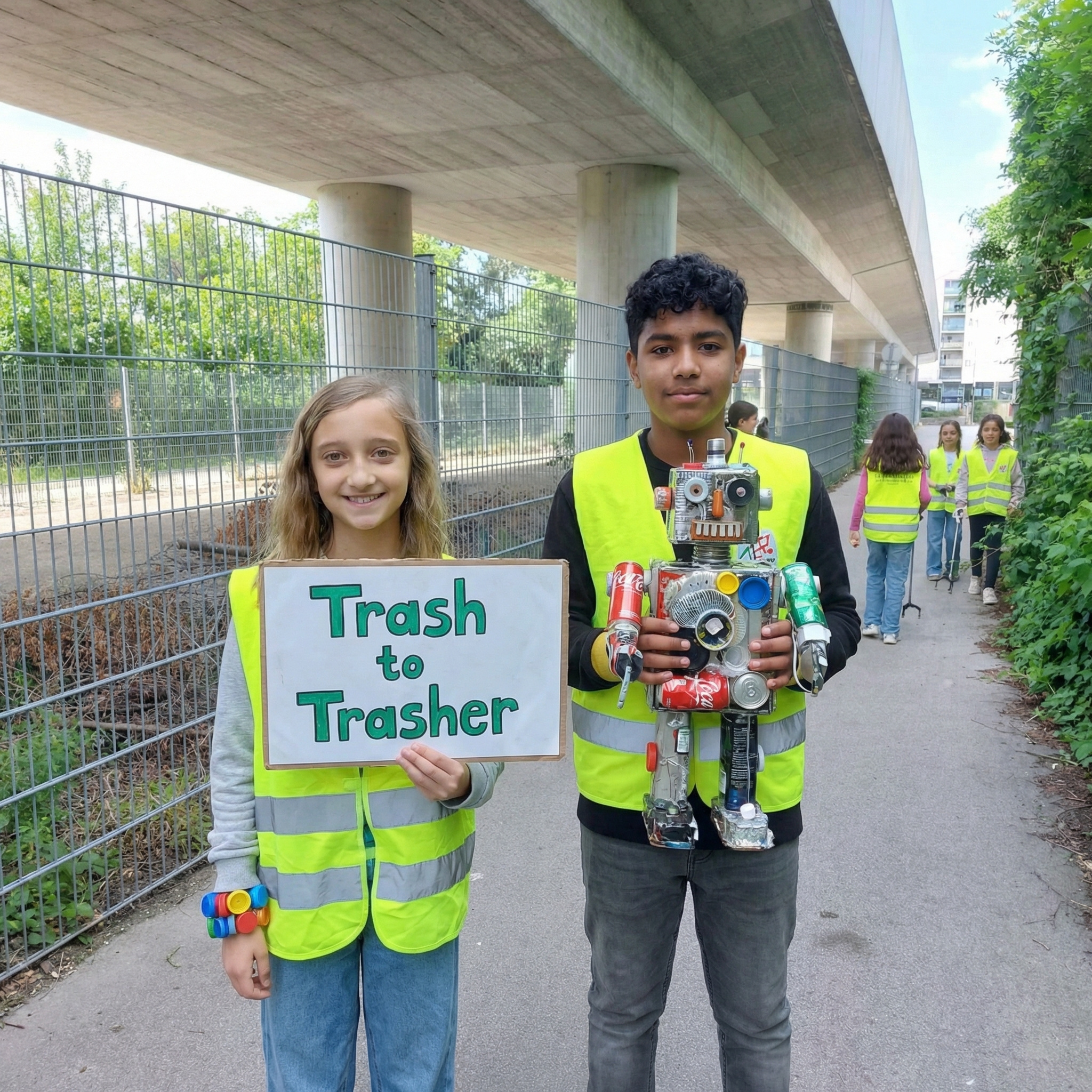 zwei Jugendliche beim Müllsammeln - ein Junge präsentiert sein aus gefundenen Abfällen gebastelten Roboter. Das Schild in der Hand des Mädchens sagt Trash to Treasuere