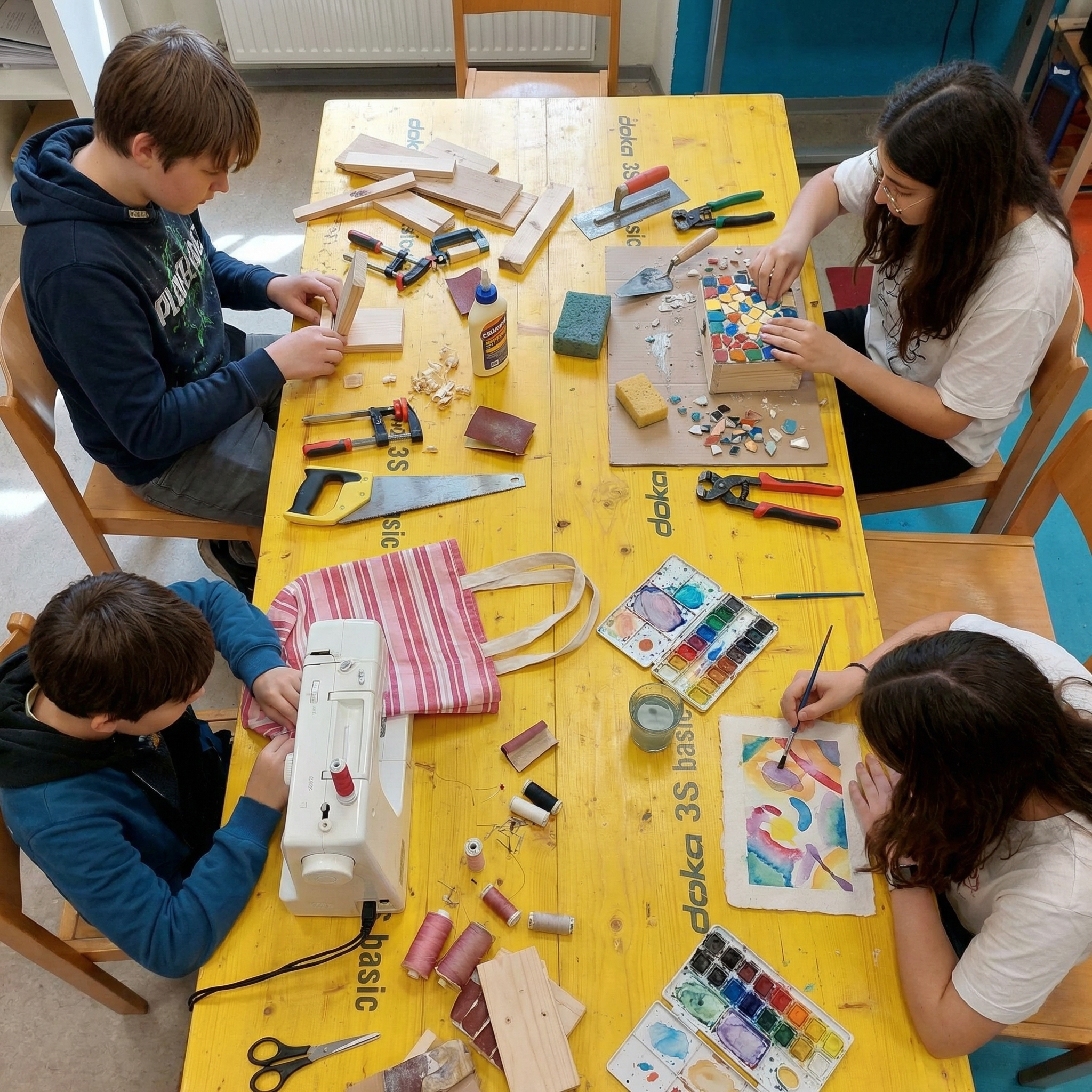 Jugendliche beim kreativen Arbeiten, wie Mosaik auf Holzbox, Verzirren von selbst geschöpften Papier, Nähen einer Tragetasche und bauen einer Handy-holzhalterung aus Upcycling Materialien im TU Wien Transformer zwecks MINT-Bildung für Outreach