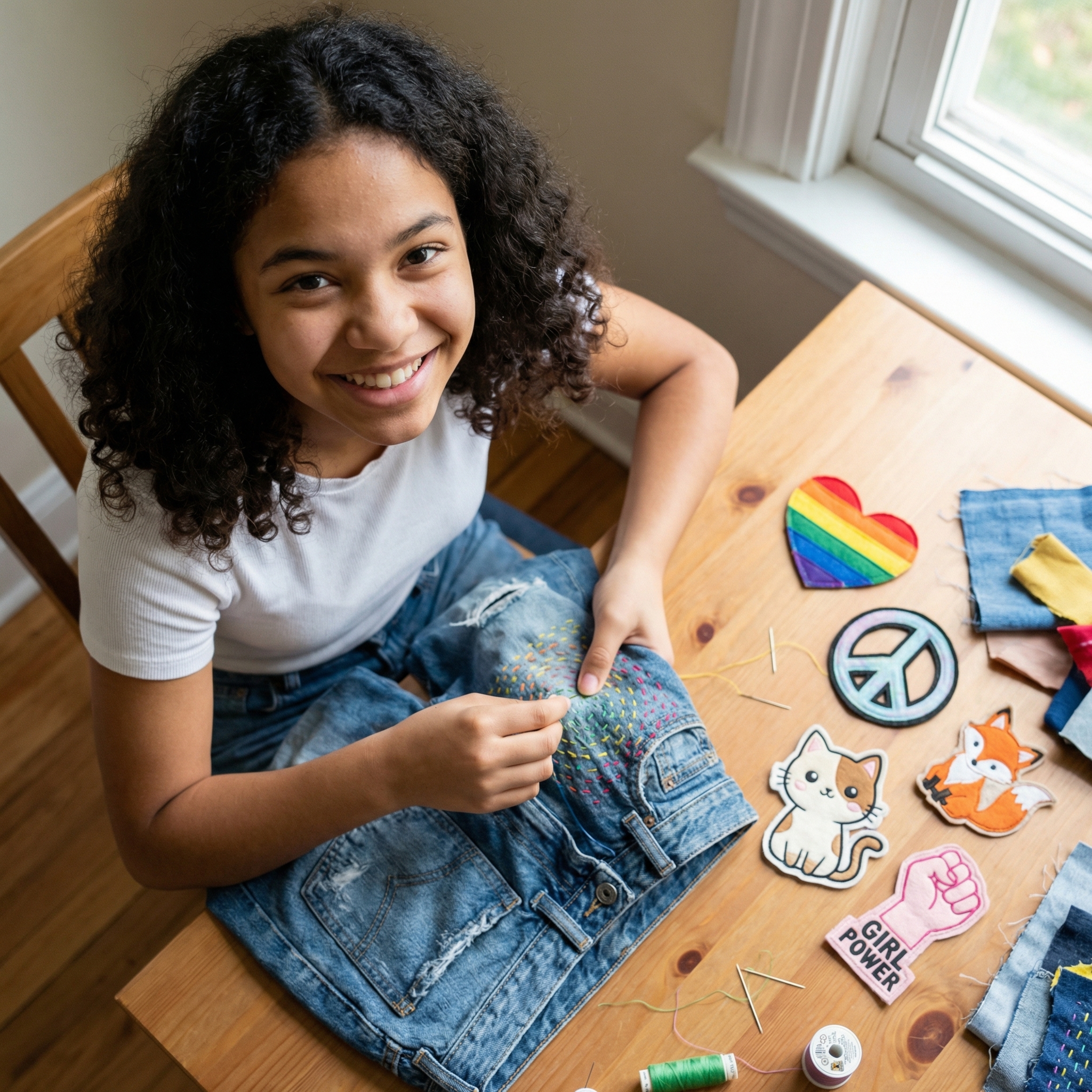 Jugendliche bei visible mending ihrer Jean und selbstgemachte Patches mit Regenbogenflagge und Peace-Symbol daneben im TU Wien Transformer zum MINT Outreach