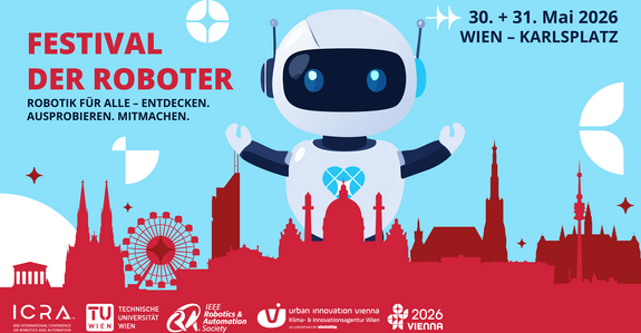 Bewerbung des Festival der Robotic mit roßen Roboter hinter Gebäuden von Wien