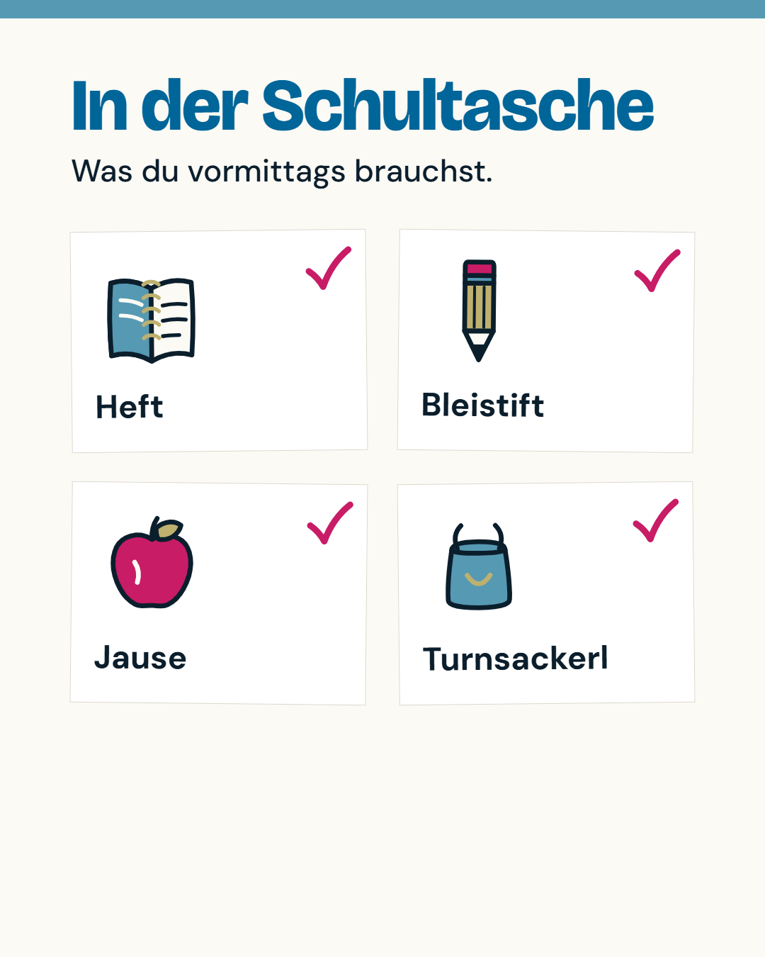 Illustrierte Checkliste: Heft, Bleistift, Jause, Turnsackerl